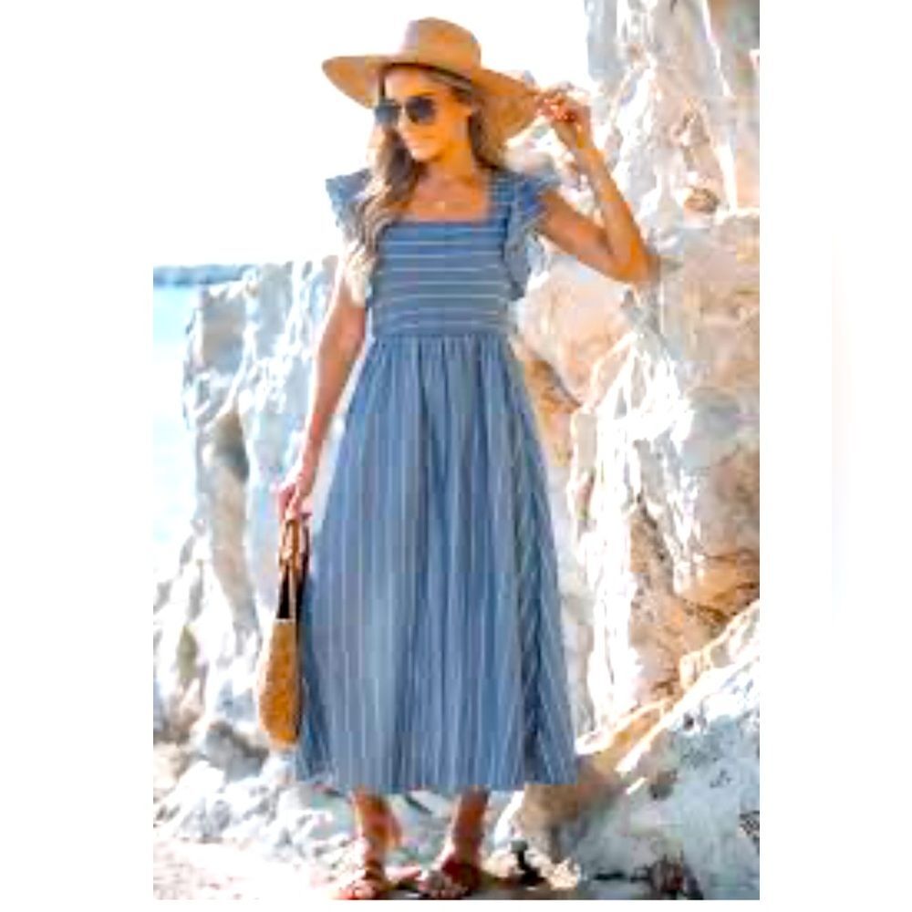 HL Affair Stripe Ruffle Sleeve Smocked Midi Dress Blue Small A Line Cotton Linen